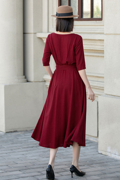 Womens red linen midi summer dress 4894