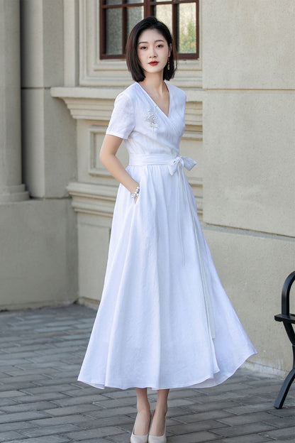 White wedding wrap summer linen dress 4895