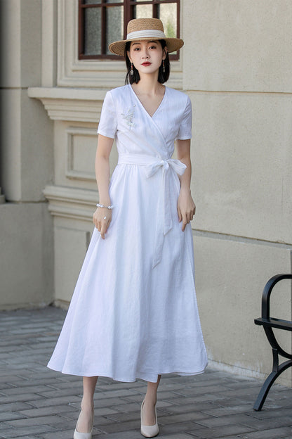 White wedding wrap summer linen dress 4895