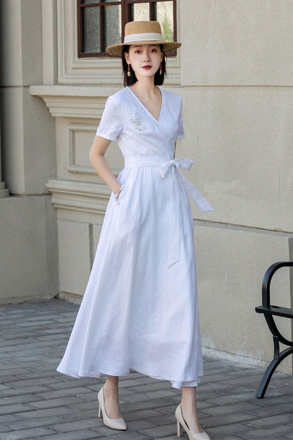 White wedding wrap summer linen dress 4895