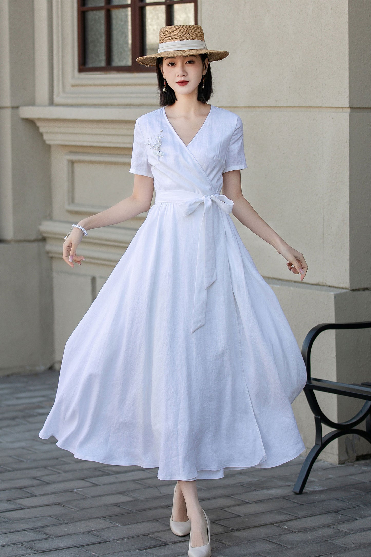 White wedding wrap summer linen dress 4895