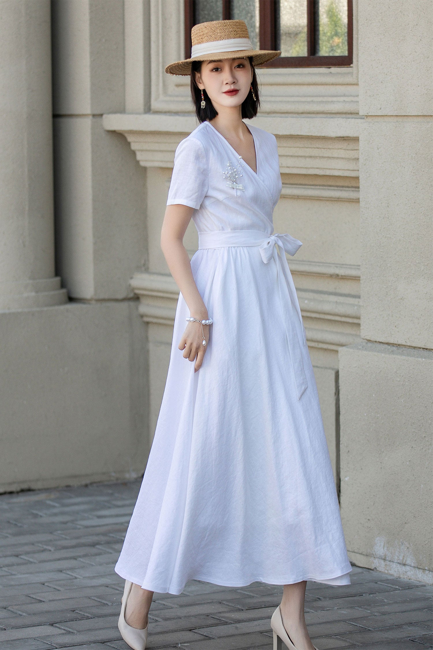White Linen Wrap Maxi Dress with V-Neck and A-Line Silhouette Xiaolizi White Linen Wrap Maxi Dress with V-Neck and A-Line Silhouette Xiaolizi