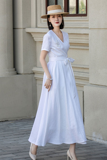 White wedding wrap summer linen dress 4895
