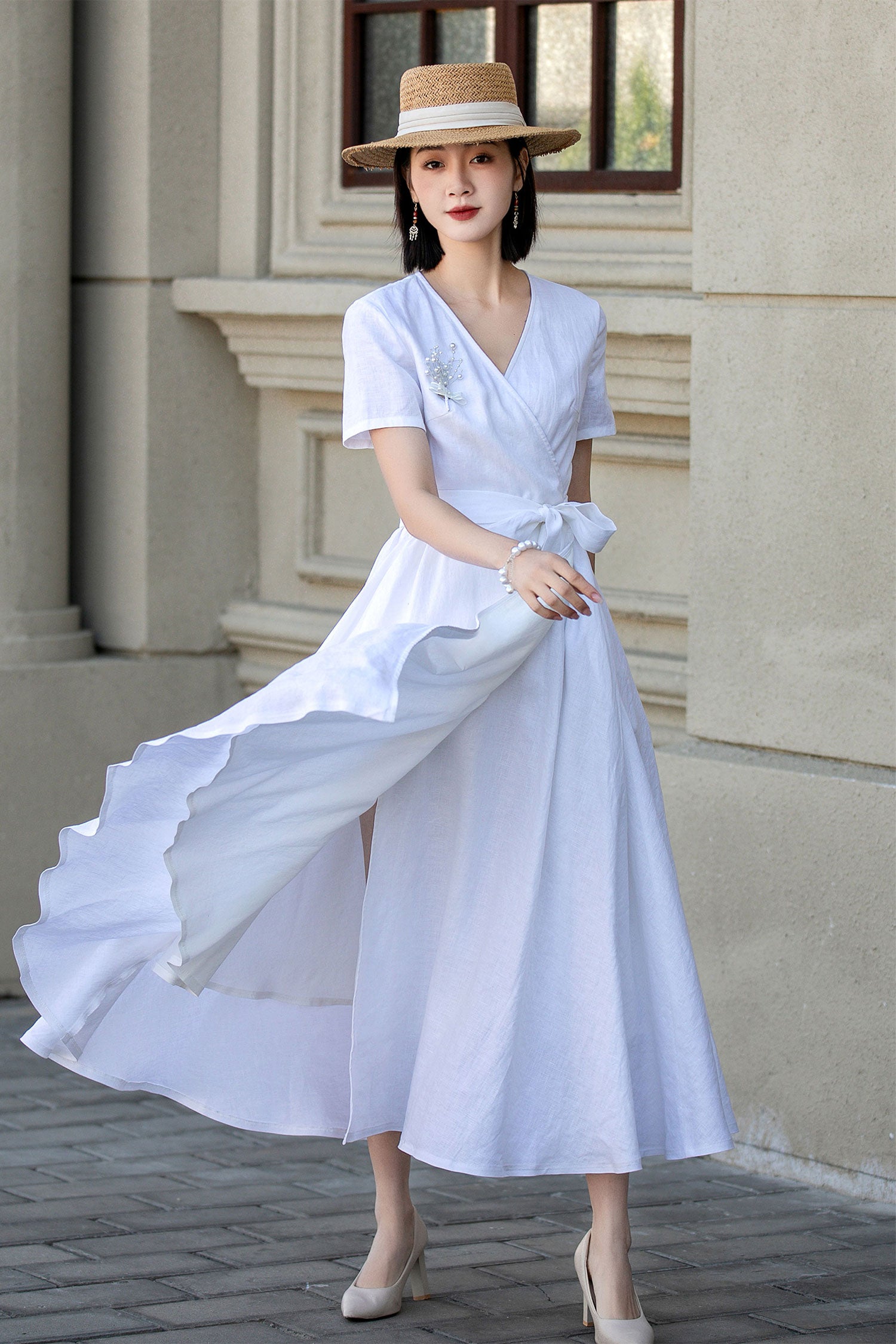 White Linen Wrap Maxi Dress with V-Neck and A-Line Silhouette – Xiaolizi