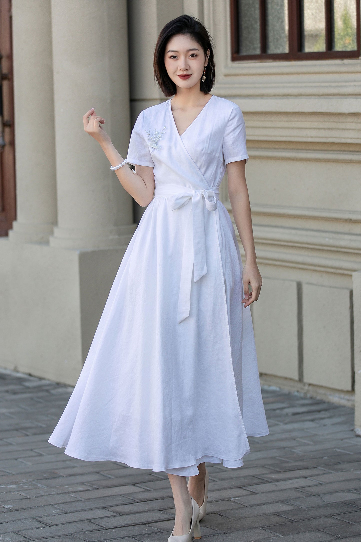 White wedding wrap summer linen dress 4895