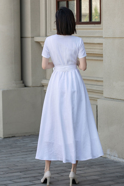 White Linen Wrap Maxi Dress with V-Neck and A-Line Silhouette – Xiaolizi White Linen Wrap Maxi Dress with V-Neck and A-Line Silhouette – Xiaolizi