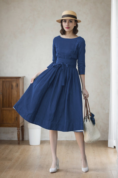 Blue Linen Midi Dress - A-Line Silhouette with Back Button Detail 5747