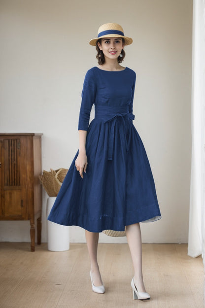Blue Linen Midi Dress - A-Line Silhouette with Back Button Detail 5747
