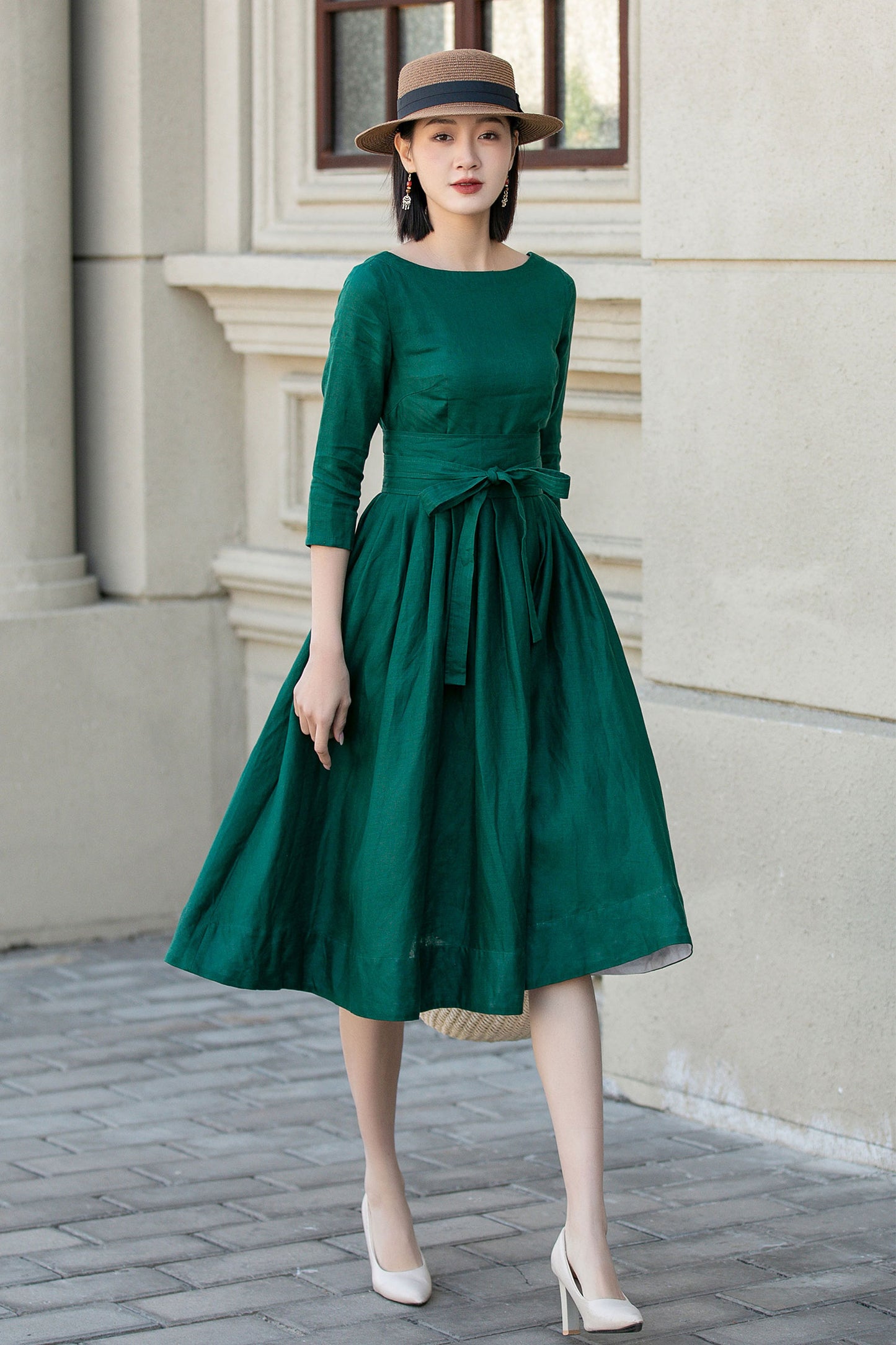 Green fit and flare spring linen dresses women 4897