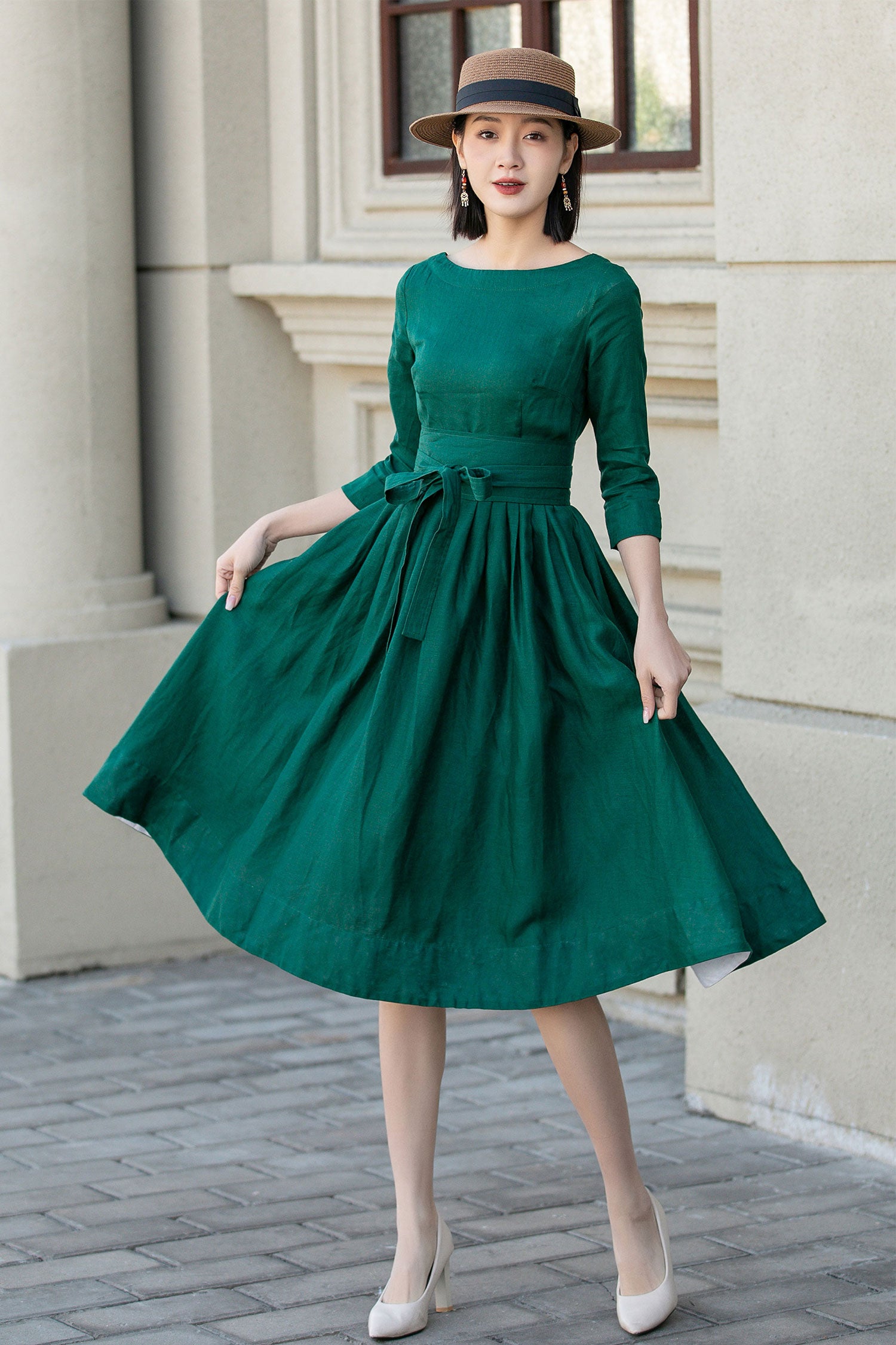 Green Linen A-Line Dress - Boat Neck and Defined Waist 4897
