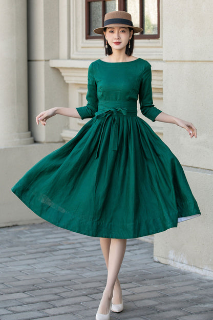 Green fit and flare spring linen dresses women 4897 Green fit and flare spring linen dresses women 4897