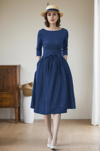 Blue Linen Midi Dress - A-Line Silhouette with Back Button Detail 5747