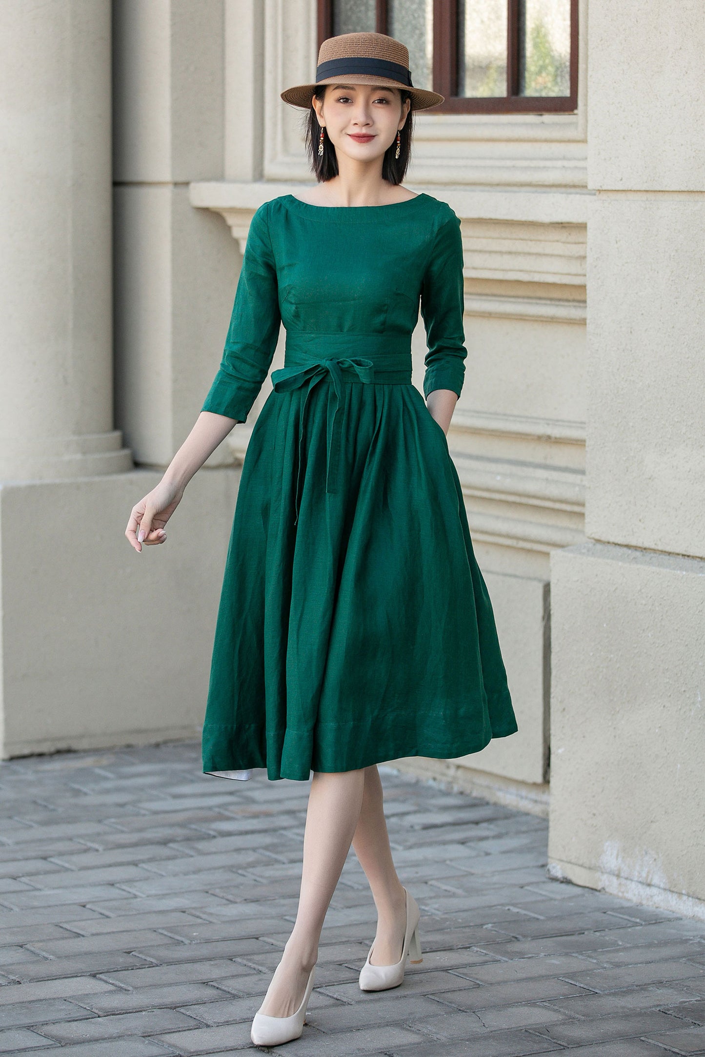 Green fit and flare spring linen dresses women 4897