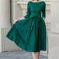 Green fit and flare spring linen dresses women 4897