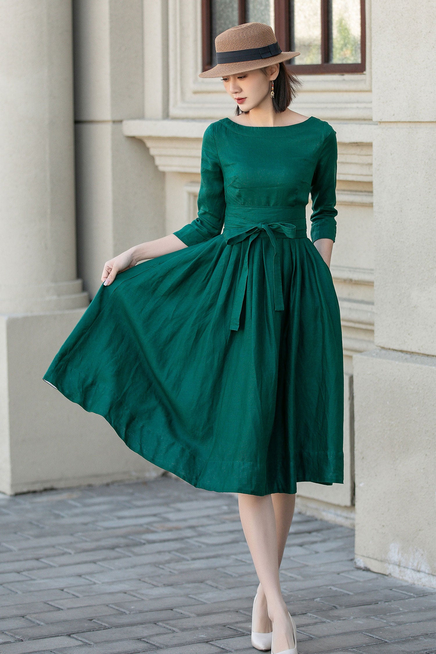 Green Linen A-Line Dress - Boat Neck and Defined Waist 4897
