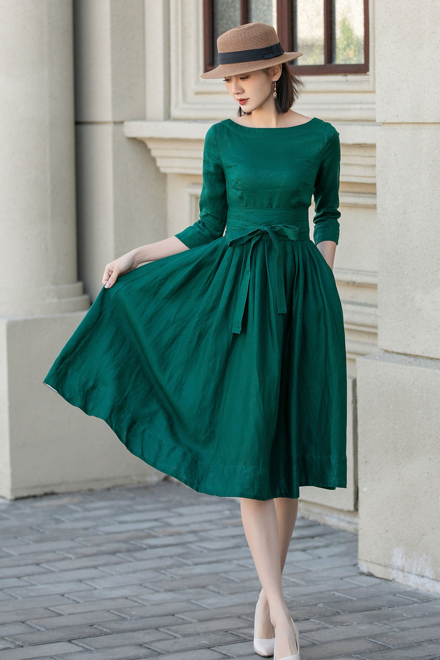 Green fit and flare spring linen dresses women 4897