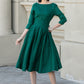 Green fit and flare spring linen dresses women 4897