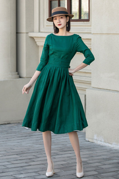 Green fit and flare spring linen dresses women 4897