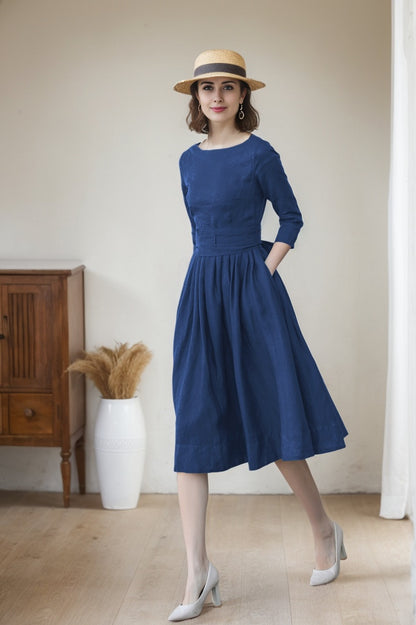 Blue Linen Midi Dress - A-Line Silhouette with Back Button Detail 5747