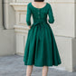 Green fit and flare spring linen dresses women 4897