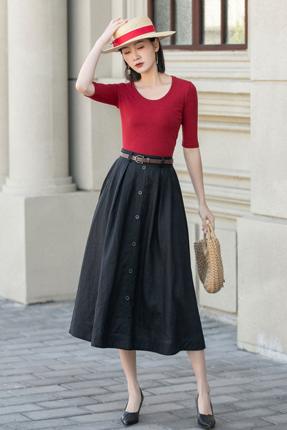 Black Linen Midi Skirt - A-Line Silhouette with Button Front 4898