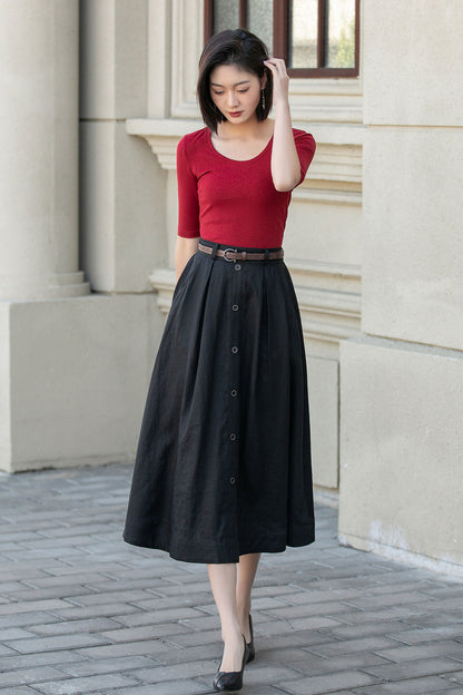 Black Linen Midi Skirt - A-Line Silhouette with Button Front 4898