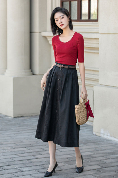 Black Linen Midi Skirt - A-Line Silhouette with Button Front 4898