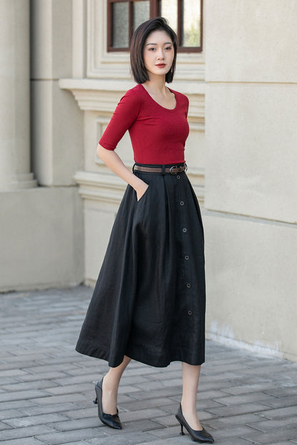 Black Linen Midi Skirt - A-Line Silhouette with Button Front 4898