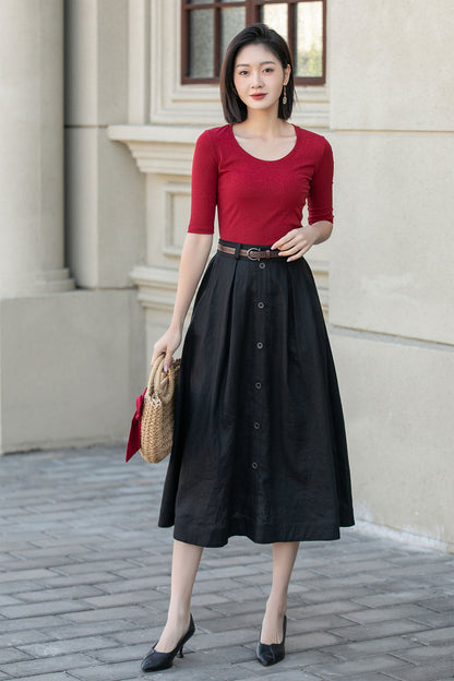 Black Linen Midi Skirt - A-Line Silhouette with Button Front 4898