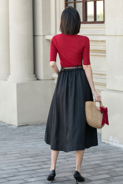 Black Linen Midi Skirt - A-Line Silhouette with Button Front 4898