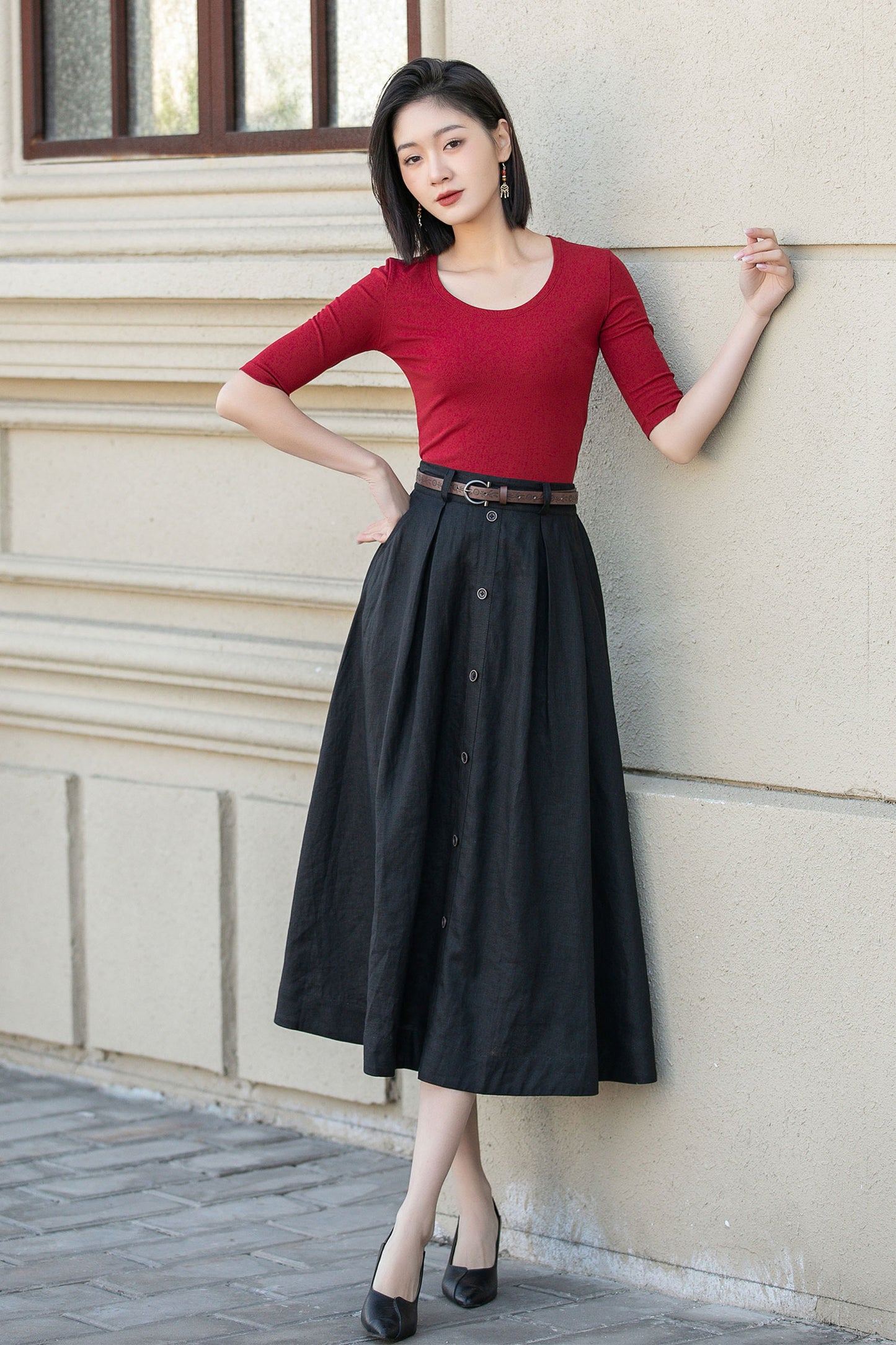 Black summer midi linen skirt with pockets 4898