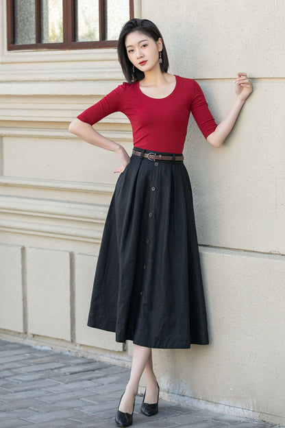Black Linen Midi Skirt - A-Line Silhouette with Button Front 4898