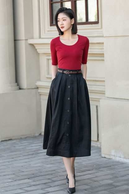 Black Linen Midi Skirt - A-Line Silhouette with Button Front 4898