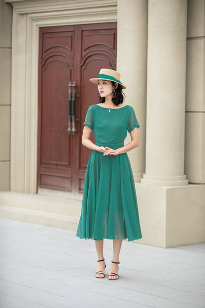 Midi fit and flare summer swing chiffon dress 6119