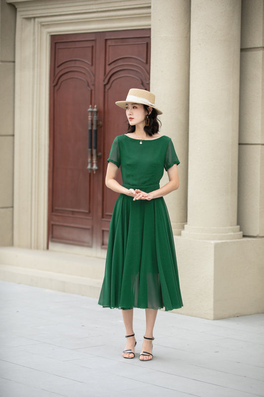 Midi fit and flare summer swing chiffon dress 6105