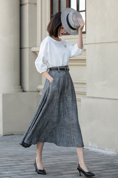Handmade Gray Linen Skirt – Vintage A-Line Midi Skirt with Pockets | Xiaolizi 4899
