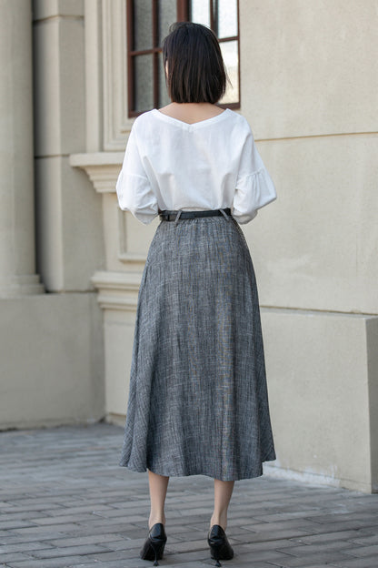 Handmade Gray Linen Skirt – Vintage A-Line Midi Skirt with Pockets | Xiaolizi 4899