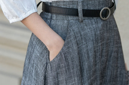 Handmade Gray Linen Skirt – Vintage A-Line Midi Skirt with Pockets | Xiaolizi 4899