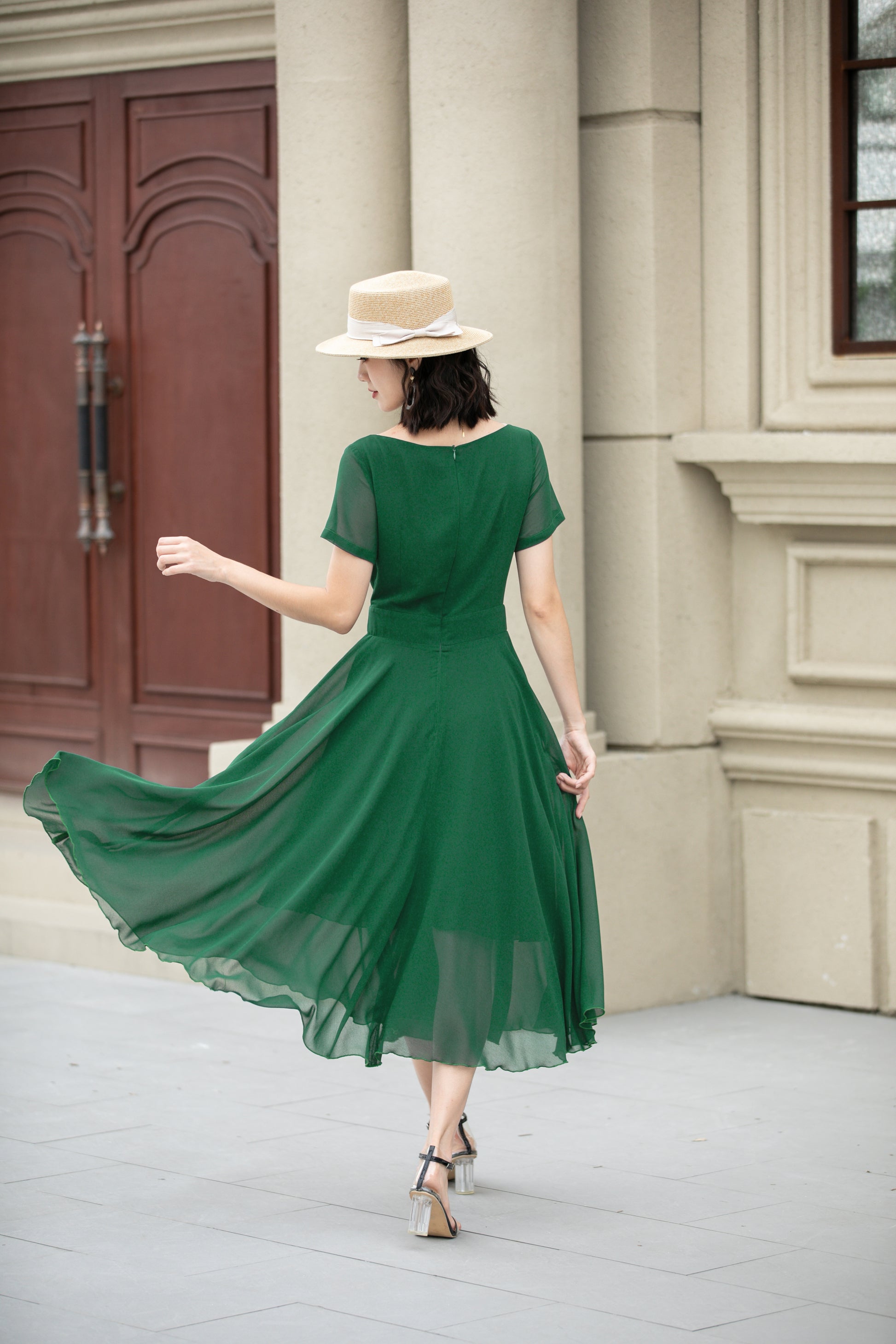 Green Chiffon Midi Dress - Fit and Flare Silhouette 6105