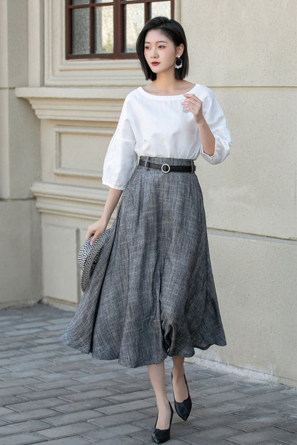 Handmade Gray Linen Skirt – Vintage A-Line Midi Skirt with Pockets | Xiaolizi 4899