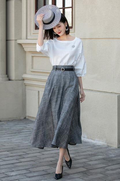 Handmade Gray Linen Skirt – Vintage A-Line Midi Skirt with Pockets | Xiaolizi 4899