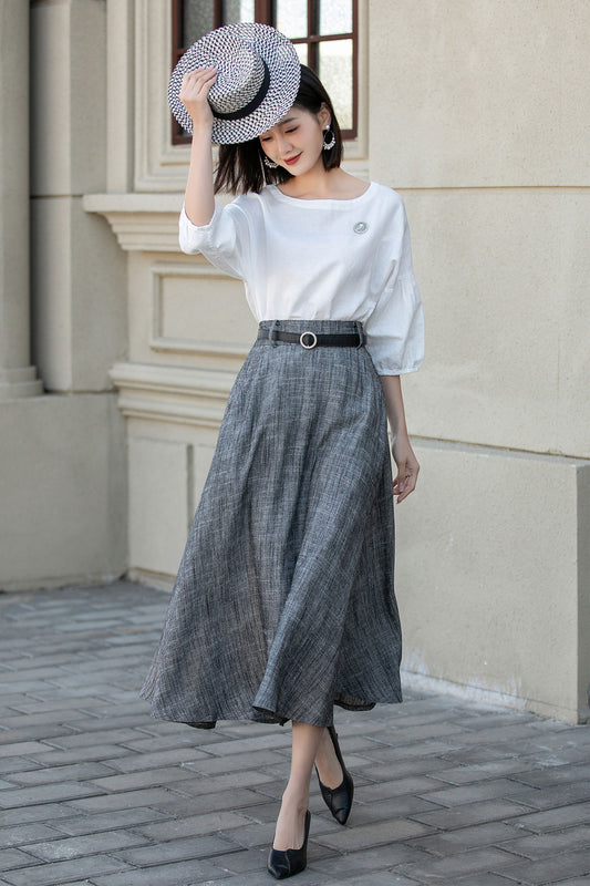 A line gray midi spring linen skirt 4899