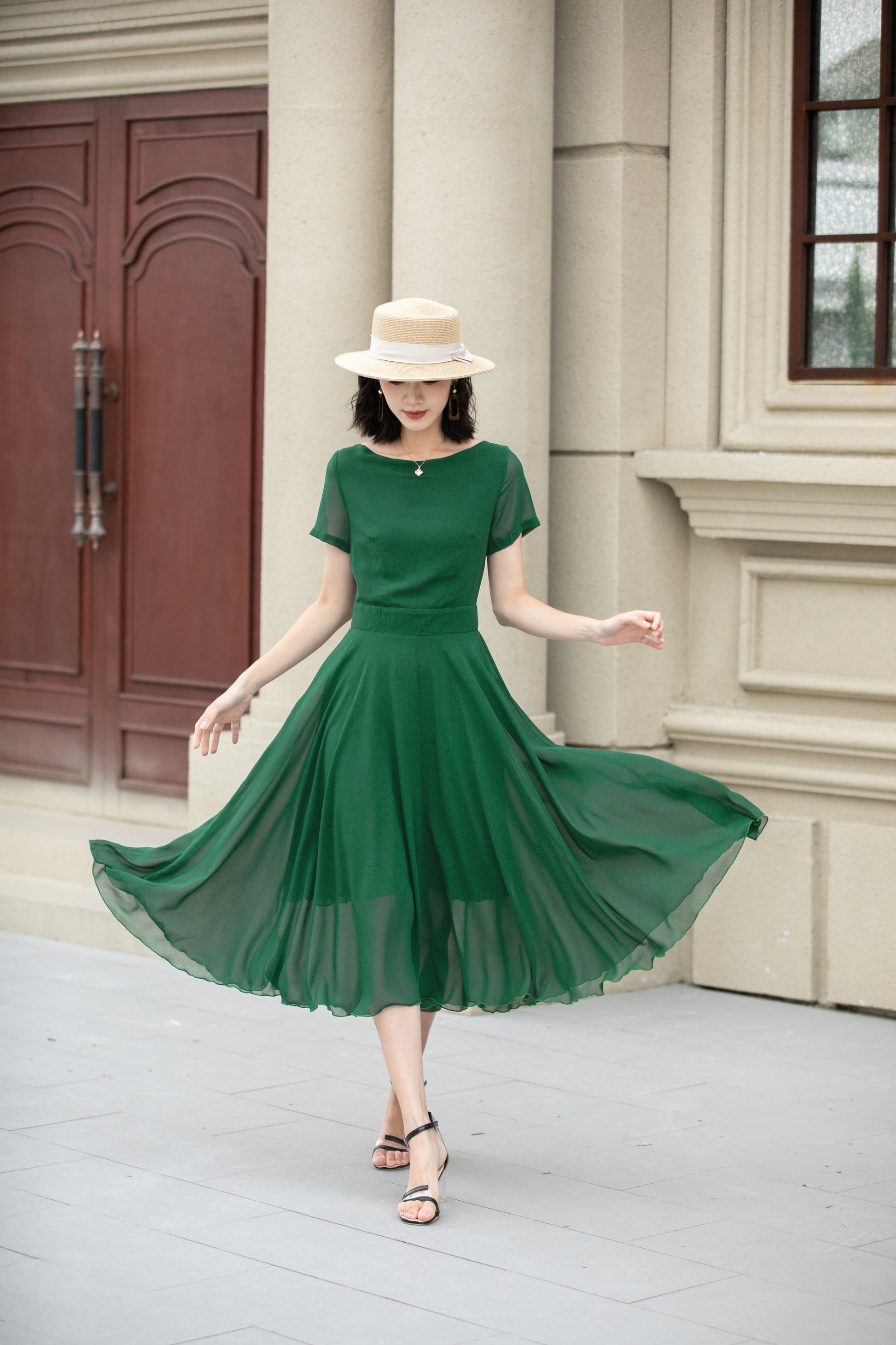 green midi dress summer Midi Sage Green Casual Party Dress with Ruffle Skirt Sage / Small