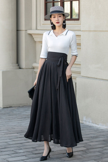High waist black maxi linen skirt with belt 4900