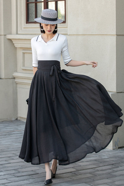 High waist black maxi linen skirt with belt 4900