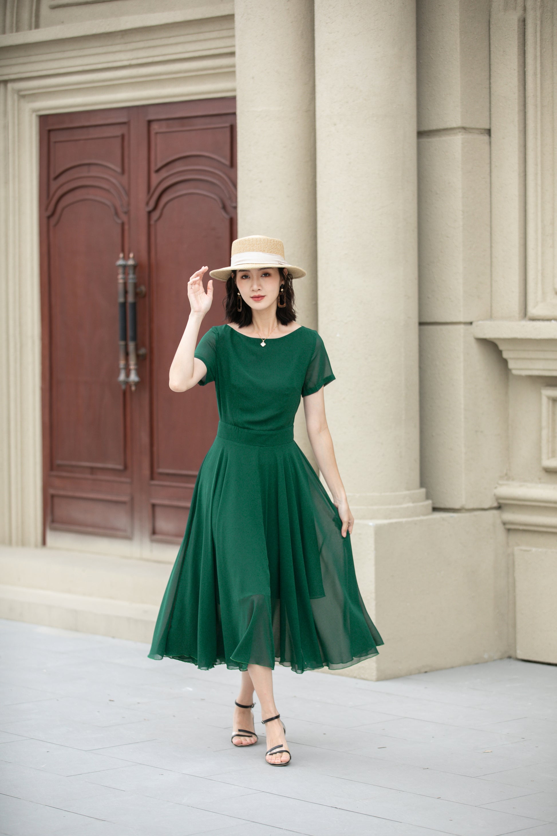 green chiffon cocktail dress Emerald Green Chiffon Midi Dress: Flowy Grecian Style Cocktail Gown