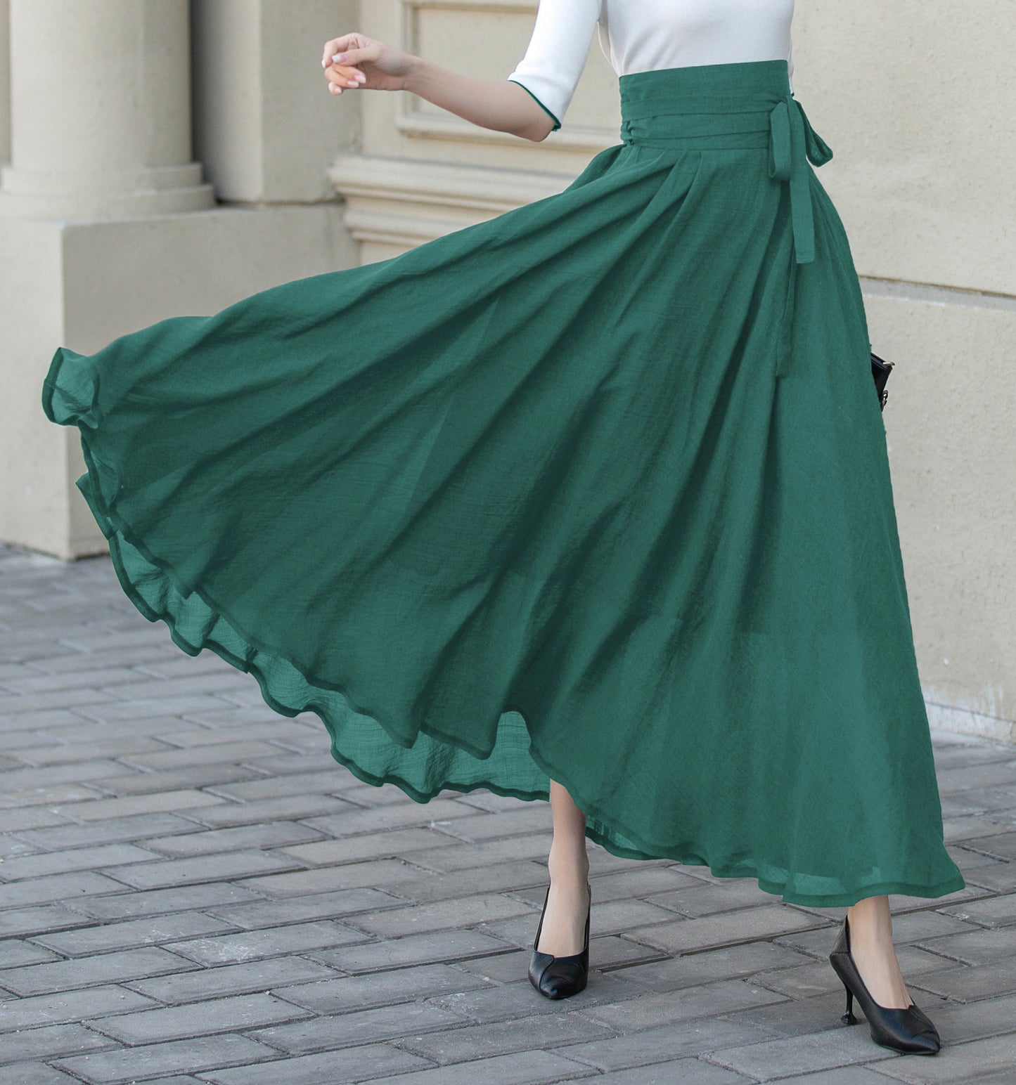 Beige Chiffon Maxi Skirt - Flowy Circle Skirt with Belt 5723