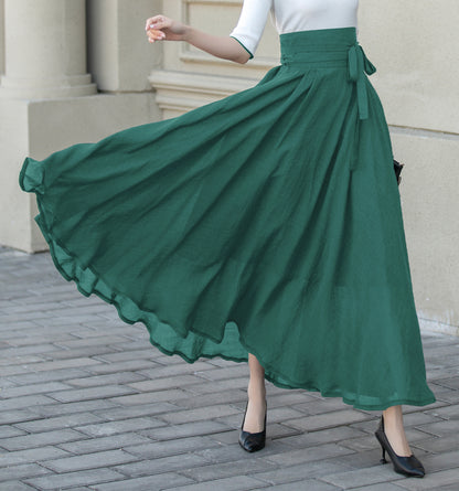 Beige Chiffon Maxi Skirt - Flowy Circle Skirt with Belt 5723