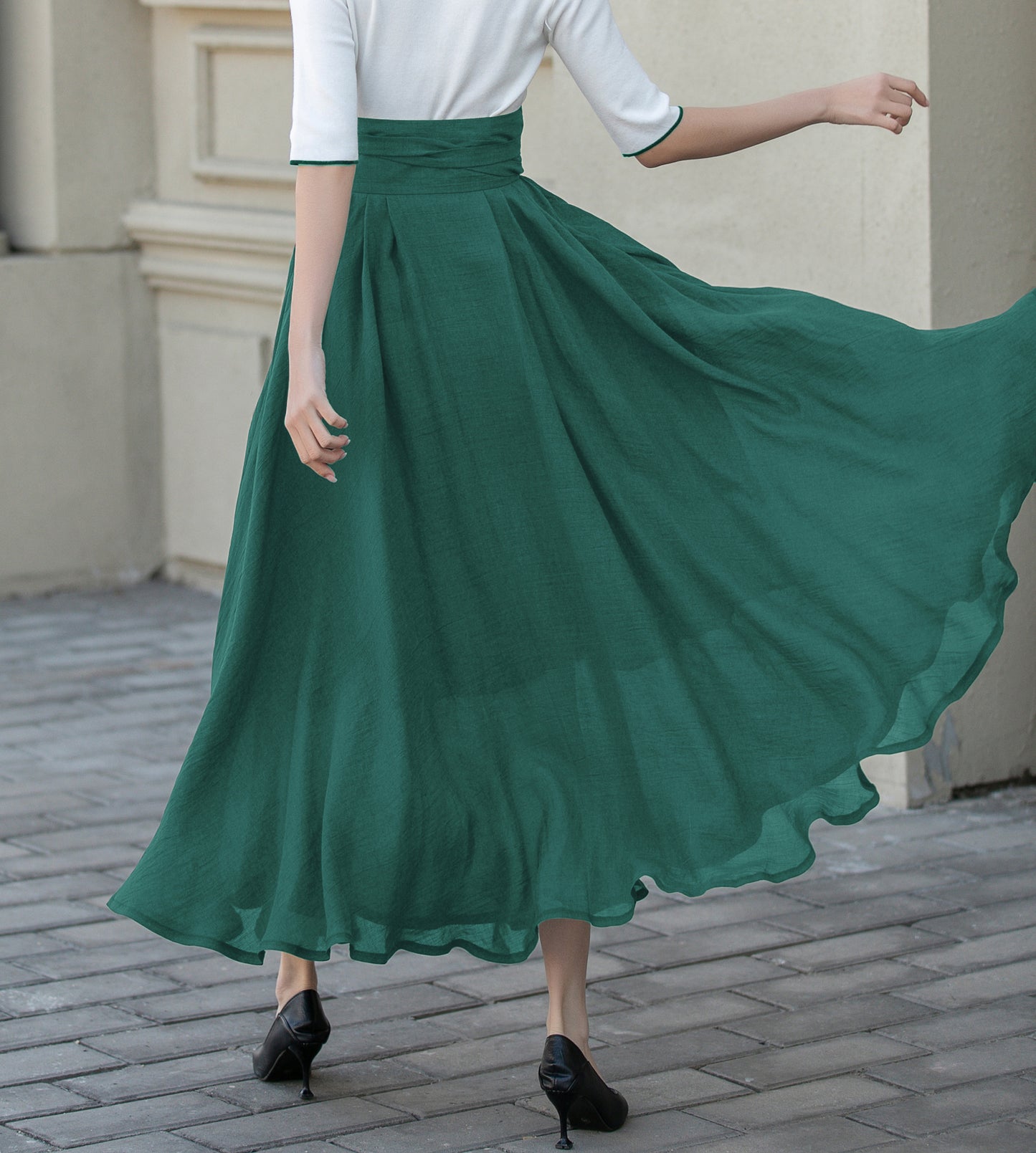 Beige Chiffon Maxi Skirt - Flowy Circle Skirt with Belt 5723