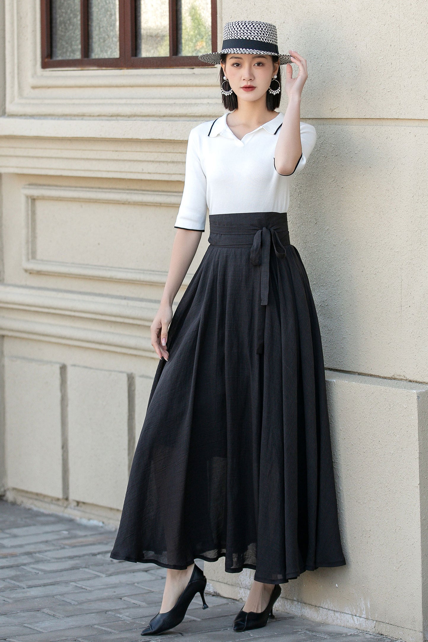 High waist black maxi linen skirt with belt 4900